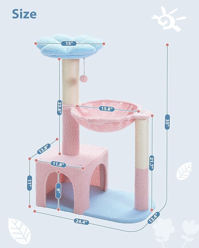 MUTTROS Flower Cat Tree with Large Metal Frame Hammock, 35" Pink Cat Tower with Sisal Scratching Posts for Small Indoor Cats, Cat Condo with Blue Top Perch for Kittens, Fluffy Ball, Pink