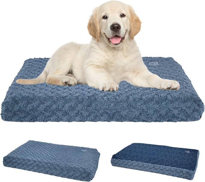EMPSIGN Stylish Dog Bed Mat Dog Crate Pad Mattress Reversible (Cool & Warm), Water Proof Linings, Removable Machine Washable Cover, Firm Support Pet Crate Bed for Small to XX-Large Dogs, Navy/Grey