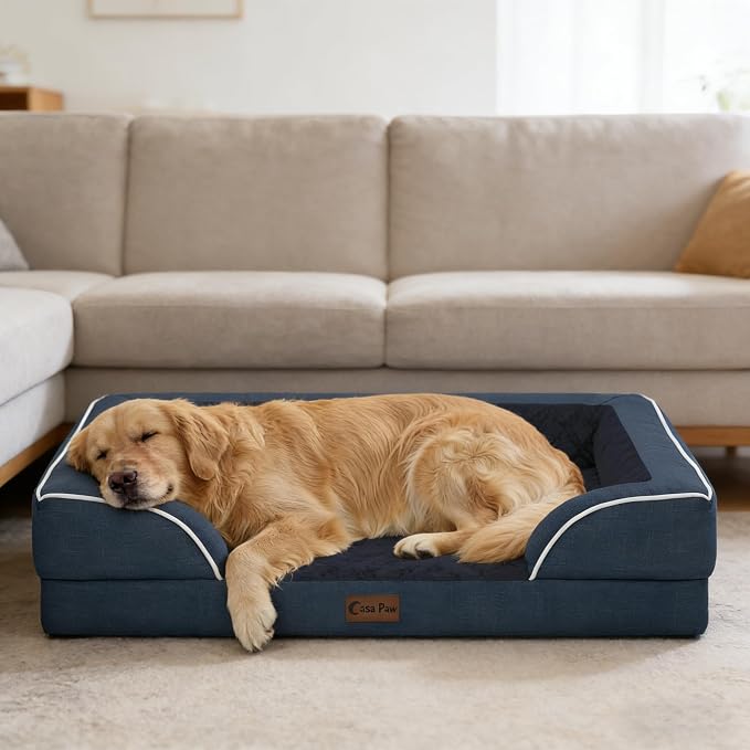 Orthopedic Dog Beds for Large Sized Dogs 35x22 Inch, Medium Waterproof Egg Crate Foam Dog Sofa Bed with Removable Washable Cover Pet Couch with Bolster Side & Non-Slip Bottom, Navy Blue