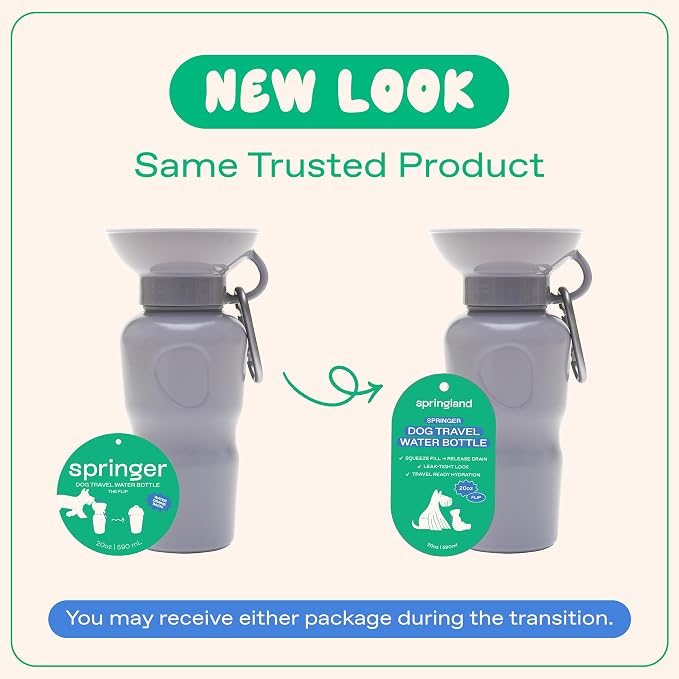Springer Dog Water Bottle | Portable Travel Drinking Feeder Dispenser for Dogs & Puppies | As Seen on Shark Tank | Leak-Proof Bowl | BPA-Free | Outdoor Walking, Hiking & Travel | 22oz Gray