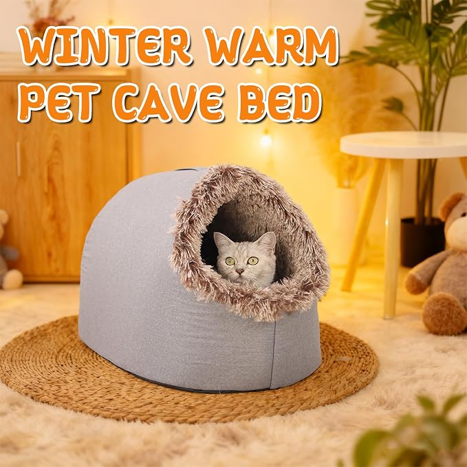 Winter Warm Pet Cave Bed, 2026 New Winter Cozy Cat Tent for Indoor, Soft Plush Cozy Indoor Nest with Non-Slip Bottom for Small Medium Dogs, Cats (Gray, L, 20 * 16 * 15inches)