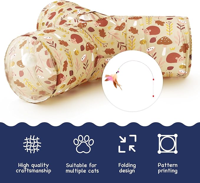 Tempcore Cat Tunnel for Indoor Cats, 3 Way Collapsible Pet Play Tunnel with Teaser Wand, Peek Holes & Hanging Ball, Interactive Tube for Kittens & Rabbits, Khaki Hedgehog
