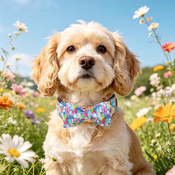 Elegant Little Tail Spring Floral Dog Collar, Cute Girl Dog Collars with Bow - Wildflowers Pink Puppy Collar, Adjustable Female Dog Collars Bowtie for Small Medium Large Dogs