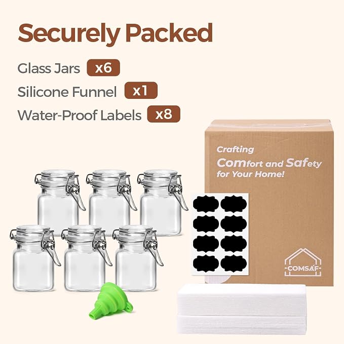 ComSaf Set of 6 Square Glass Spice Jars with Airtight Lids (4 Oz), Mini Favor Jars with Wire Clamp for Honey, Herbs & Farmhouse Kitchen Pantry Organization, with Funnel & Labels