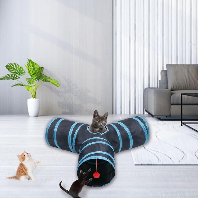 Cat Tunnel Tube Toys,Tunnels for Indoor Cats, 3 Way Blue Collapsible Interactive Toy with Balls for Rabbits, Kittens, Ferrets, Puppy