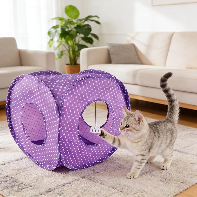 Andiker Cat Tent, 3 Holes Safe and Strong Cute Cats Tunnel Collapsible Easy to Carry Cat House for Indoor Cats Kittens Hiding Playing Training Sleeping (Square Purple)