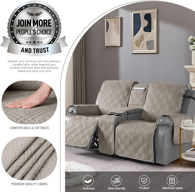 TAOCOCO Loveseat Recliner Cover with Center Console, 100% Waterproof Pet Covers for Dual Recliner with Straps Design, Split Reclining Loveseat Cover Furniture Pet&Kid Protector (2 Seater, Light Brown)