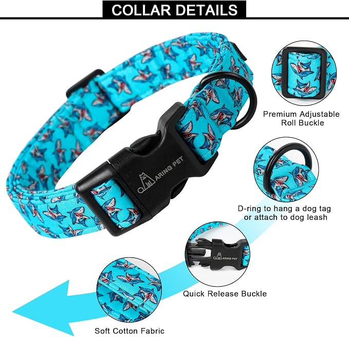ARING PET Summer Dog Collar, Cute Blue Shark Pet Collars with Quick Release Buckle for Puppy Small Medium Large Boy Girl Dogs-L