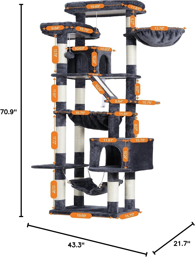 Heybly Cat Tree, 71-Inch-Tall Tower for Indoor Cats with 2 Perches, 2 Big Condos, 2 Hammocks, Basket, Scratching Pad, Large Cat Furniture and Condo, Smoky Gray HCT034G