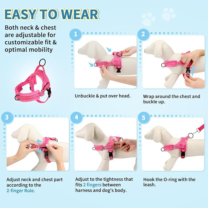 Lukovee No Pull Dog Harness and Leash Set, Soft Padded Small Dog Harness, Neck & Chest Adjustable Reflective Vest Puppy Harness with 4ft Lightweight Anti-Twist Dog Leash for Small Dogs (Pink, Medium)