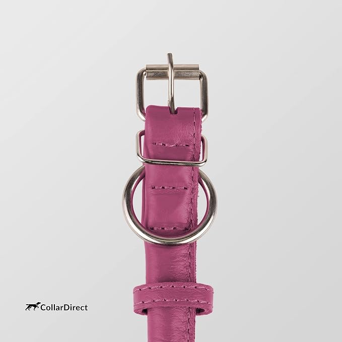 CollarDirect Rolled Leather Dog Collar, Soft Padded Round Puppy Collar, Handmade Genuine Leather Collar Dog Small Large Cat Collars 13 Colors (15-19 Inch, Pink Textured)