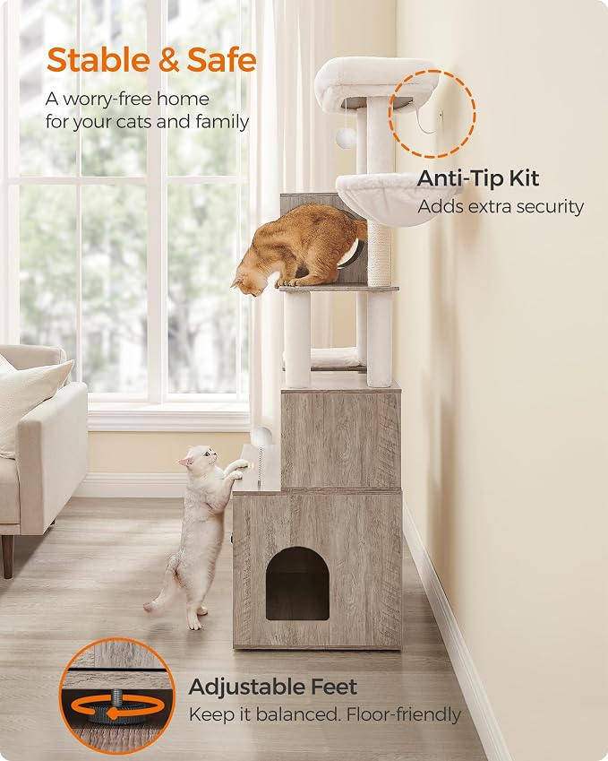 Feandrea Cat Tree with Litter Box Enclosure, 70.1-Inch Tall Cat Tower, 2-in-1 Modern Condo with Scratching Posts, Perch, Caves, Basket, Washable Cushion, Heather Greige UPCT116G01