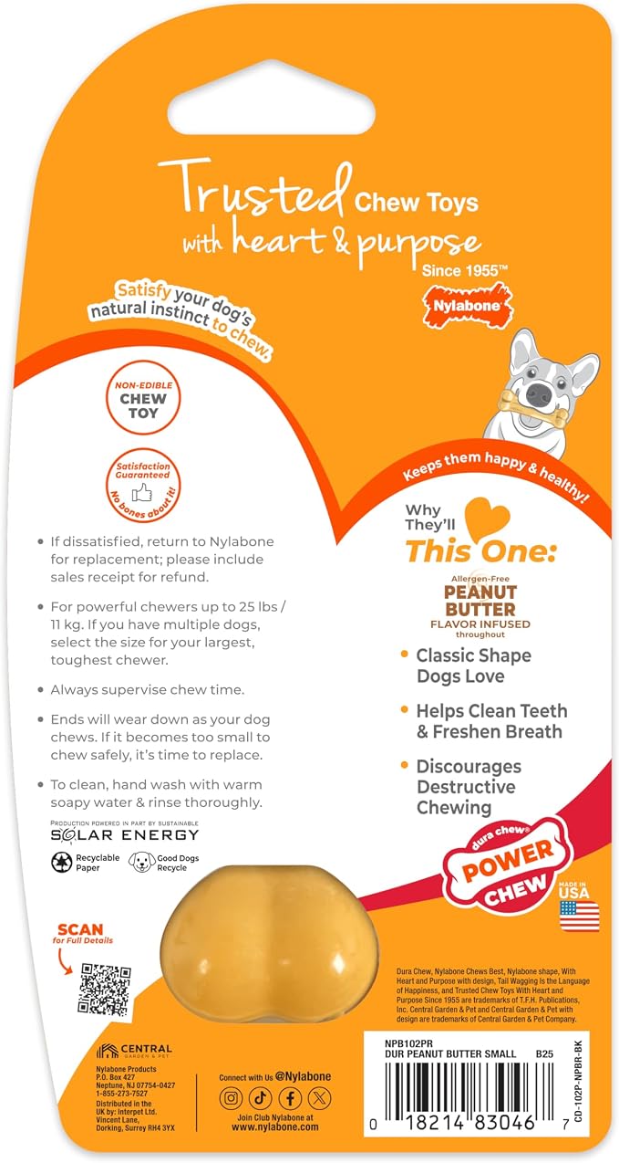Nylabone Original Bone Power Chew Toy for Dogs, Durable & Tough Dog Toys for Aggressive Chewers, Peanut Butter Flavor, Small - Up to 25 lbs - Up to 25 Ibs, 1 Count