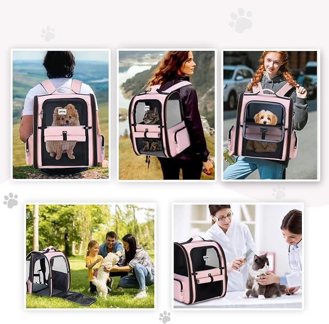 Large Cat Backpack Carrier Expandable Foldable Pet Carrier Backpack for Small Dogs Puppy Medium Cats Fit Up to 18 Lbs for Travel, Hiking,Pink XL Size