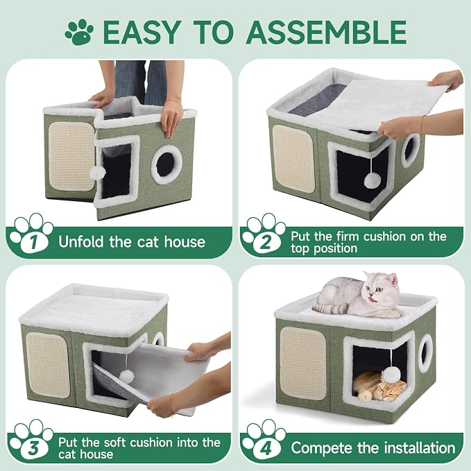 Shikha Cat Beds for Indoor Cats, Large Cat Cave with Cozy Condo, Fluffy Ball, Round Window, Foldable Indoor Cat House Hold Up to 30LBS, Cat Hideaway with Reversible Cushions for All Seasons, Green