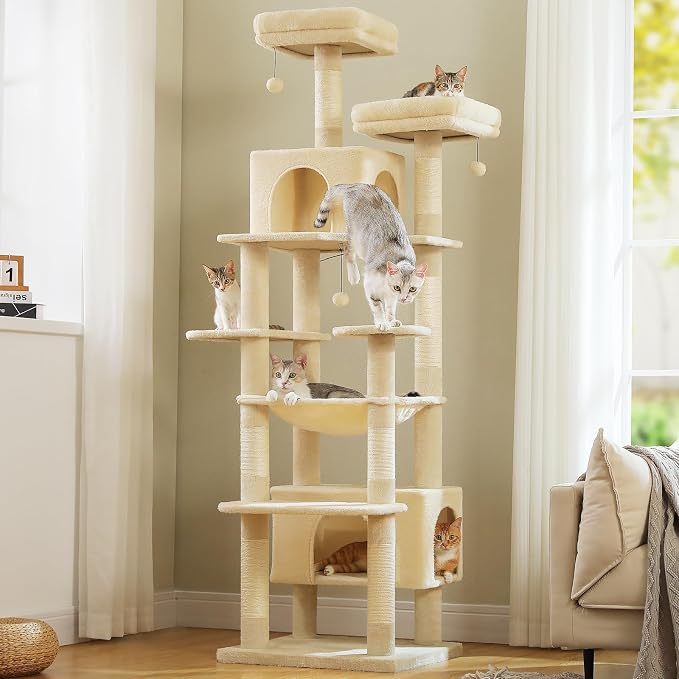 PAWZ Road Heavy Duty Cat Tree for Large Cats, 81 Inches Tall Cat Tower with 2 Perches, 2 Condos and Spacious Hammock, XL Extra Large Condo with 7 Scratching Posts for 20lb+ Adult Cats,Beige