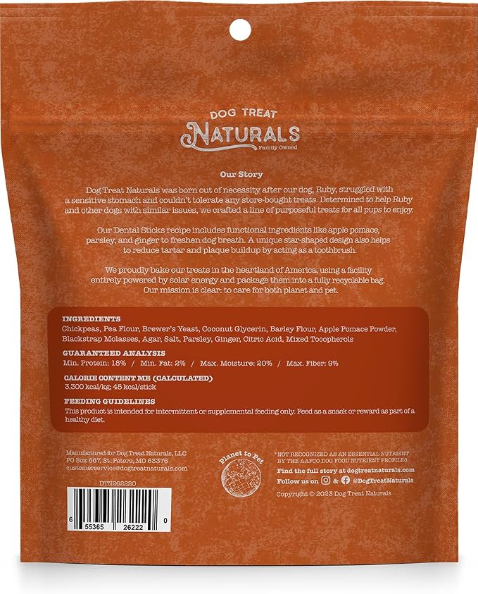 Dog Treat Naturals Chickpea & Ginger Dental Sticks 10oz, 20ct | Dog Dental Chew Treats for Small, Medium, Large Dogs | Freshen Breath, Fight Plaque-Tartar | Natural Teeth Cleaning Treats | USA Made