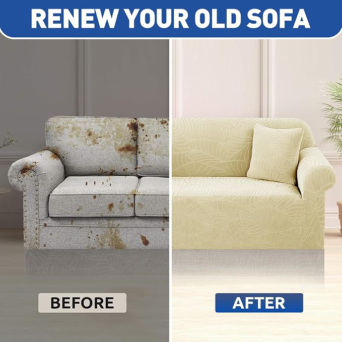 YEMYHOM Couch Cover Latest Jacquard Design High Stretch Sofa Chair Covers for Living Room, Pet Dog Cat Proof Armchair Slipcover Non Slip Magic Elastic Furniture Protector (Small, Begonia Leaf Beige)