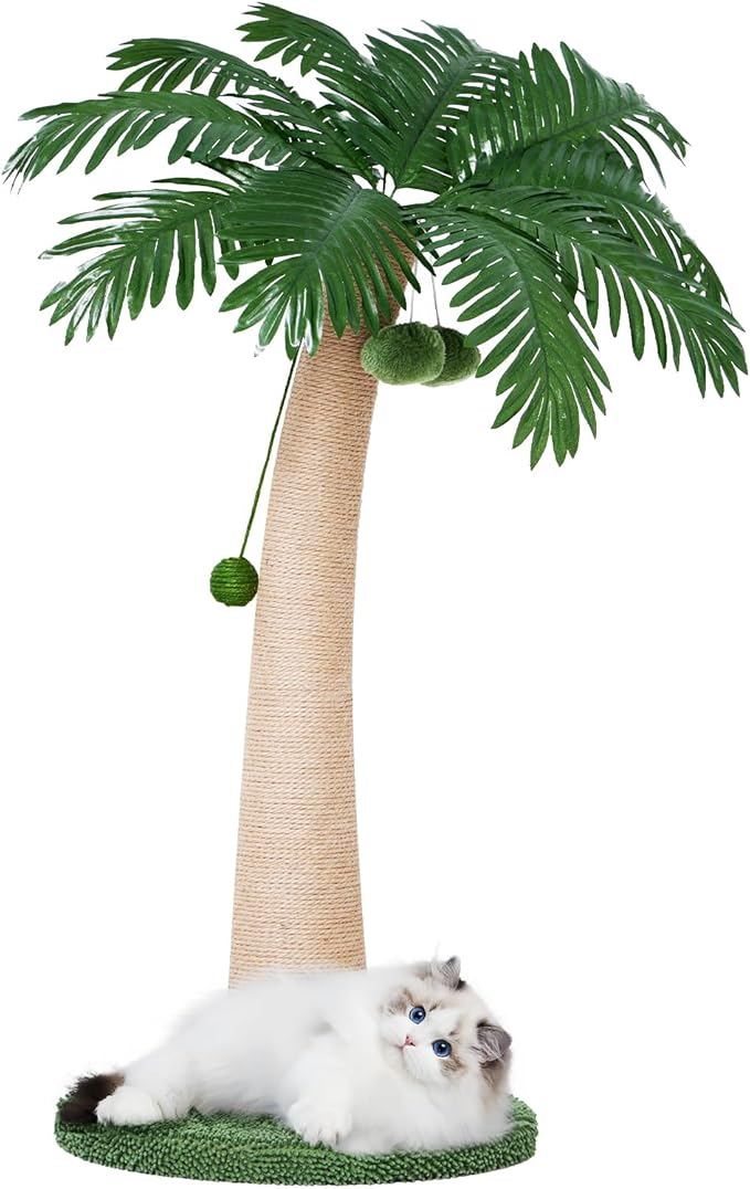 43 Inches Cat Scratching Post, Large Cat Scratching Post, Sisal Scratcher with 3 Hanging Pompoms for Indoor Cats (Tall Round Base)