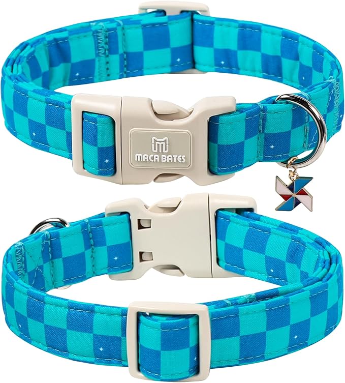 Maca Bates Checkered Basic Dog Collar with Windmill Charm Turquoise and Royal Blue Checkerboard Pattern for Extra Large Girl Boy Dogs,Adjustable Durable Soft Plaid Collars Gift for Male Female Puppy