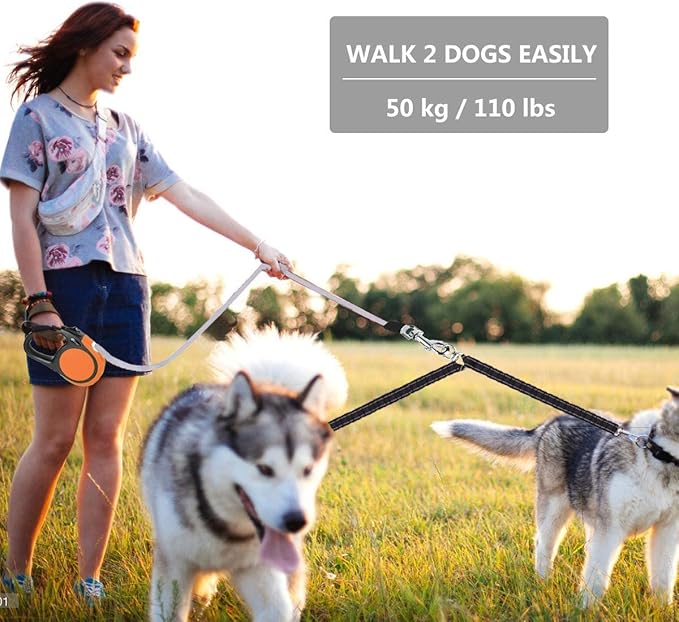 Dual Retractable Dog Leash for Small Breed (Up to 44 Lbs Each) - Double Headed 18.5 ft Extendable Pet Leash with Poop Bags, Non Slip Grip - One Button Break & Lock, 360 Tangle-Free (Orange, Medium)
