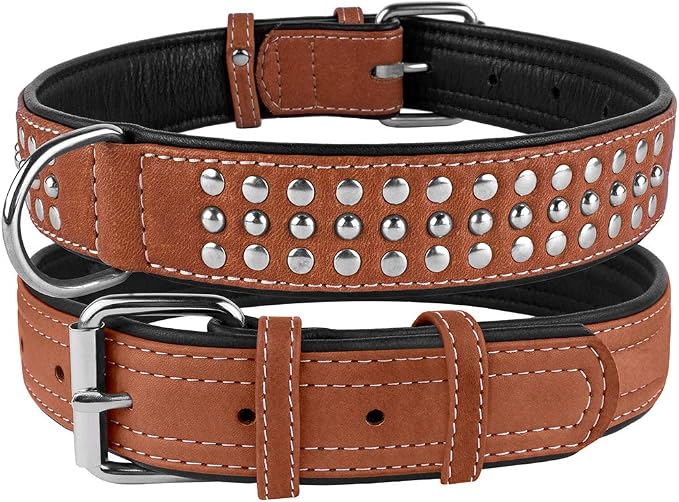 CollarDirect Studded Dog Collar Leather Pet Collars for Dogs Small Medium Large Puppy Soft Padded Brown Black (Brown, Neck fit 20" - 22")