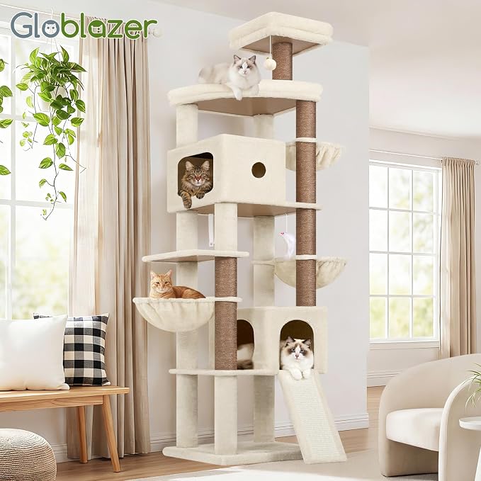 Globlazer 83in Heavy Duty Cat Tree, Giant Cat Tower with 2 Condos & 3 Hanging Baskets, Multi-Level Tall Cat Condo for Large Adult Cats, 7 Scratching Posts, F83C, Beige