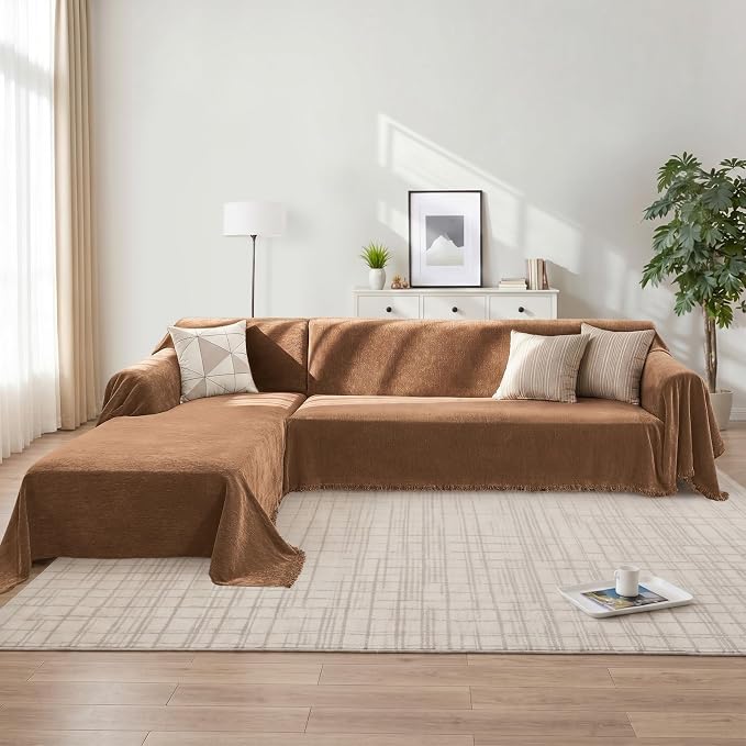 CAPALOCA Sectional Couch Covers, 2 Pieces Chenille Sofa Cover L Shaped Couch Cover Blanket for Dogs Washable Sofa Slipcovers Pet Furniture Protector (Large: 71" x 102" + 71" x 110", Brown)