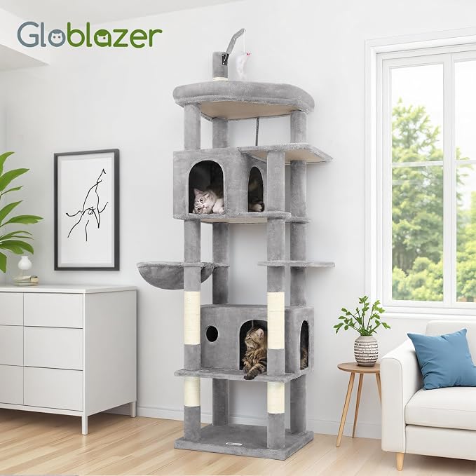 Globlazer 74in Cat Tree for Indoor Cats Large Adult, Heavy Duty Cat Tower with 5 Sisal Scratching Posts, 2 Caves, Oversized Top Perch, Hanging Basket, F74B, Light Grey