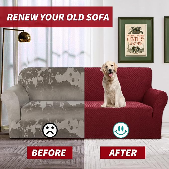 YEMYHOM Couch Cover Latest Jacquard Design High Stretch Sofa Covers for 2 Cushion Couch, Pet Dog Cat Proof Loveseat Slipcover Non Slip Magic Elastic Furniture Protector (Loveseat, Christmas Wine Red)