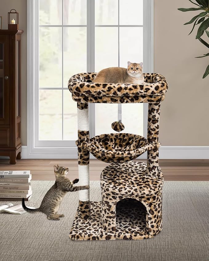 SYANDLVY Small Leopard Print Cat Tree for Indoor Cats, Cat Tower with Scratching Post, Modern Cat House with Padded Perch, Kittens Condo with Cradle, Cat Cave