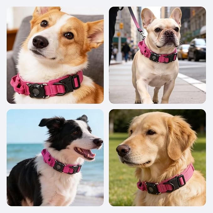 Upgraded AirTag Dog Collar,Waterproof Tactical Dog Collar with AirTag Holder, Control Handle and Metal Buckle,Heavy Duty Dog Collars for Large Dogs (Rose Red,L