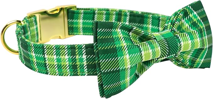 Maca Bates St. Patrick's Day Irish Plaid Dog Collar with Fancy Bow Tie,Shamrock Green Gingham Pattern for Extra Large Girl Boy Dogs,Adjustable Durable Soft Collars Gift for Male Female Puppy