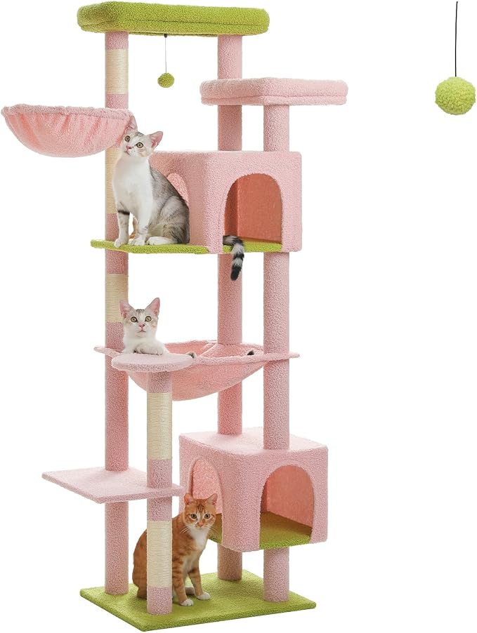69” Tall Cat Tree for Indoor Cats Large Adult, Multi-Level Cat Tower with Scratching Post, Dual Top Perches, Big Hammock & 2 Spacious Condos, Cat Furniture for Multi-Cat Households, Pink/Green