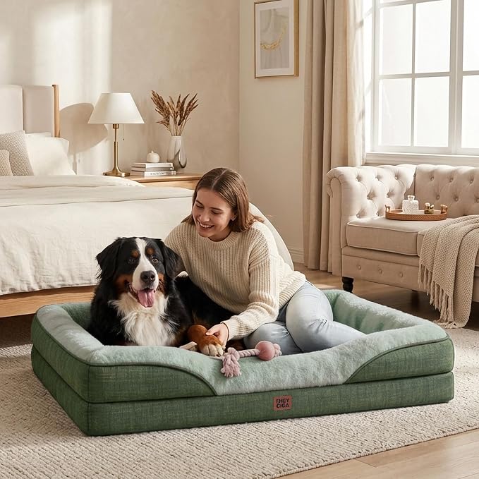 EHEYCIGA Orthopedic Dog Bed for Large Sized Dog, 41x27 Inch Large Memory Foam Dog Couch Bed with Sides, Waterproof Liner & Washable Removable Cover, Bolster Pet Sofa, Green