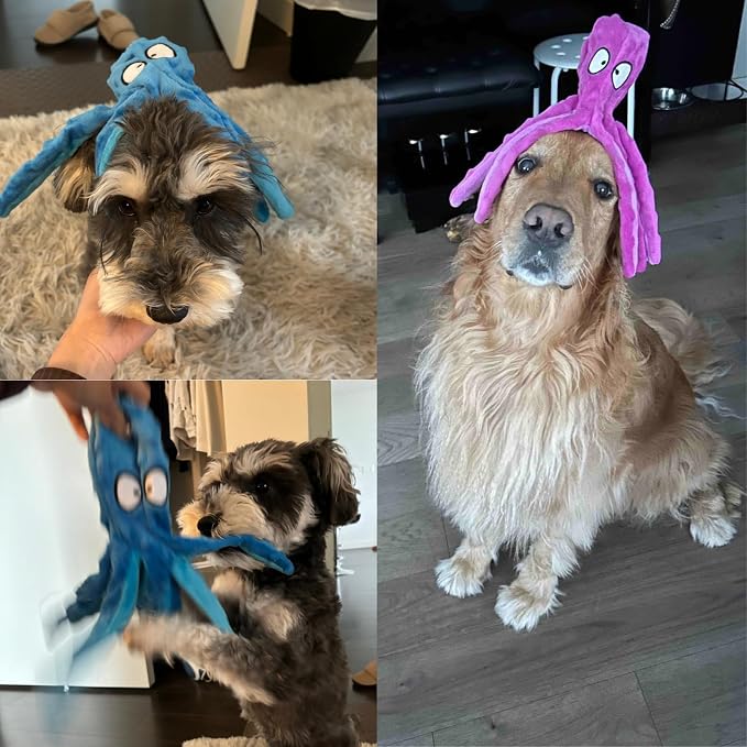 HGB Squeaky Dog Toys - 2 Pack No Stuffing Octopus Crinkle Plush Chew Toys for Puppies Small Medium Large Dogs, Interactive Tug Toys to Keep Dogs Busy