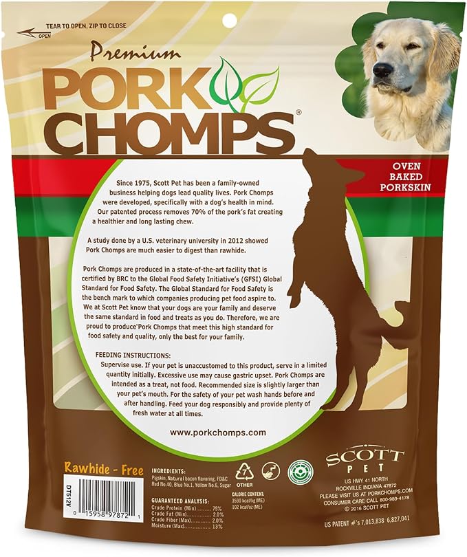 Pork Chomps Baked Pork Skin Dog Chews, 6 Inch Knots, 8 Count, 1 Pack, Bacon Flavor - Long-Lasting Treats for Dogs - High Protein, Rawhide-Free, Low Fat, Healthy & Delicious Chews