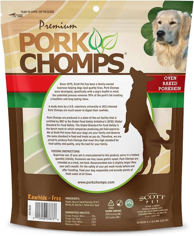 Pork Chomps Baked Pork Skin Dog Chews, 11 Inch Knots, 4 Count, 1 Pack, Bacon Flavor - Long-Lasting Treats for Dogs - High Protein, Rawhide-Free, Low Fat, Healthy & Delicious Chews