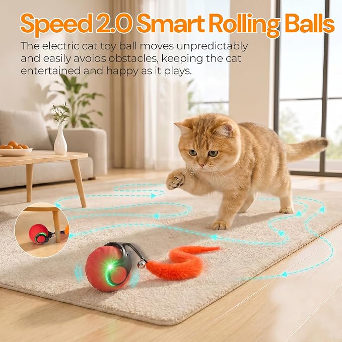 Geamen Interactive Cat Toys with Bird Sounds & 3 Speed Modes, Rechargeable Automatic Moving Cat Toy with 3 Tails, Fast Charging Smart Rolling Ball for Indoor Cats to Chase Play on Hard Floor Carpet
