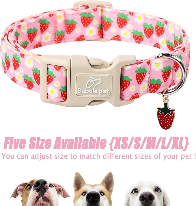 Cute Spring/Summer Dog Collar, Adjustable Pink Strawberry Dog Collars for Puppy Small Dogs, Lightweight Quick-Release Buckle Collar for Boy&Girl Dogs XS