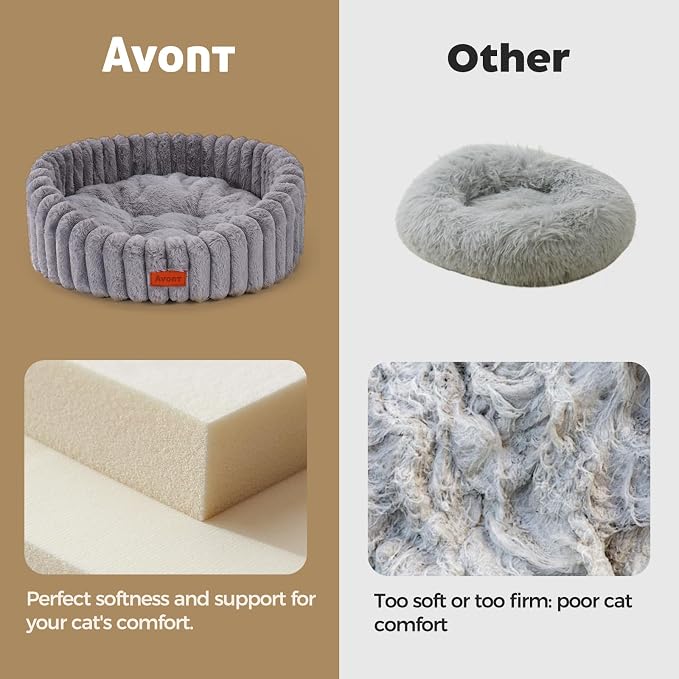 Avont Fluffy Cat Bed for Cats & Small Dogs, Cozy Plush Sleeping Nest for All Sleep Styles, Washable Removable Cushion & Anti-Slip Base, Calming Round Bed for Kittens &Puppy – Grey(M)