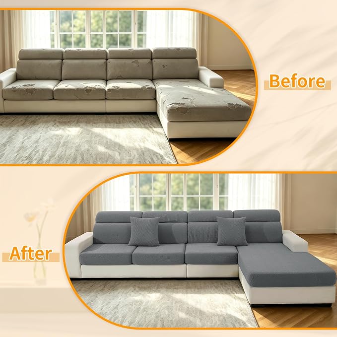 XINEAGE Large Couch Cushion Covers Seat Cushion Cover Thick Stretch Sofa Slipcovers 3 Piece Individual Couch Covers with Elastic Bottom(3 XL Seat Cushion/Backrest,Light Gray)
