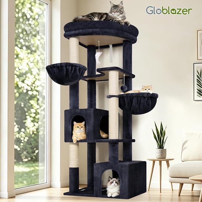 Globlazer 64in Corner Cat Tree for Large Indoor Cats, Space Saving Multi-Level Cat Tower with 2 Condos, 2 Hammocks, 4 Sisal Scratching Posts, C64, Dark Grey