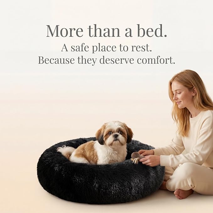 Calming Donut Dogs Beds for Small Dogs Washable,23inch Plush Round Pet Bed for Cozy Sleep,Fluffy Faux Fur Large Cat Bed,Fits up to 25 lbs Pets,Black
