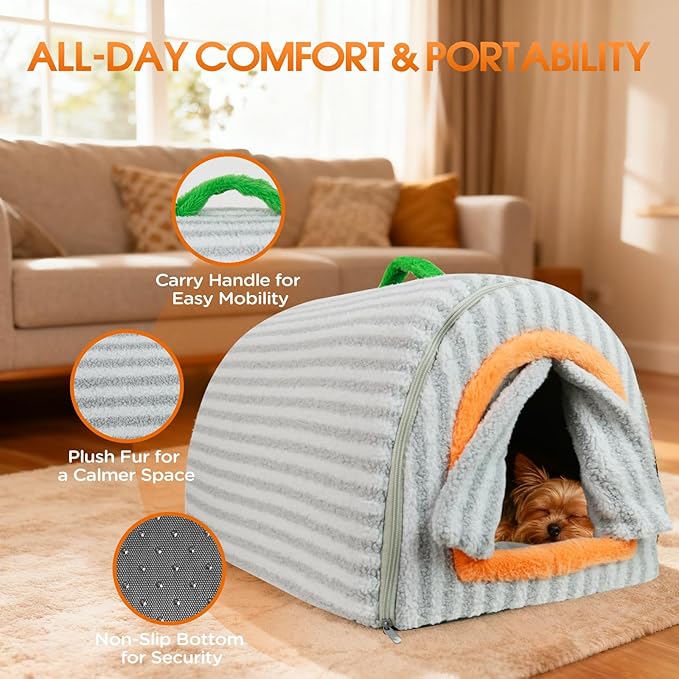 Dog House Indoor for Small Dogs, 2-in-1 Enclosed Dog Bed with Cover Cave & Curtain, Dog Tent with Plush Washable Cushion, Inside Dog House for Pets Under 5.5 lbs(Grey, S)