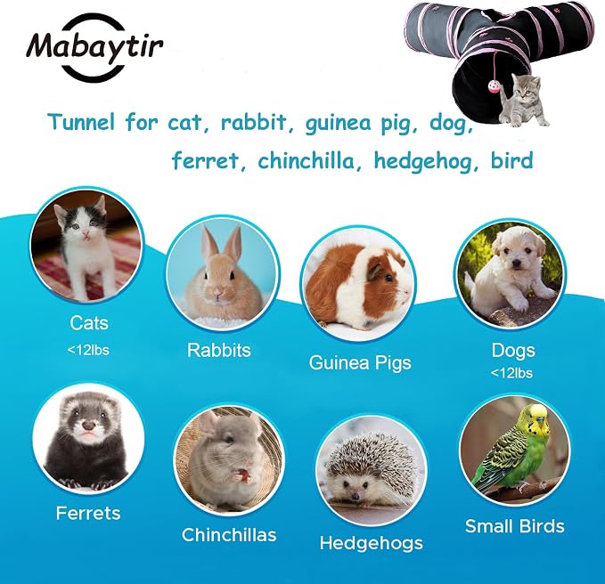 3-Way Collapsible Cat Tunnel Tube Toy Black with Pink Paws — Interactive Play Tunnel with Hanging Ball & Peek Hole for Indoor Cats, Kittens, Puppies & Rabbits | Hours of Fun & Exercise