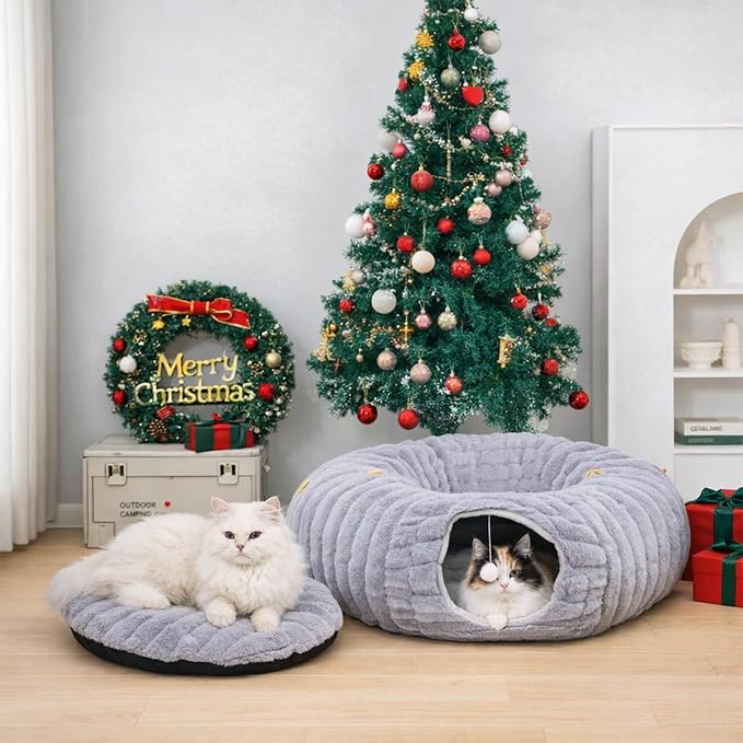 Cat Tunnel Bed Cave - Soft Washable Cushion for Indoor Cats, Peekaboo Hideaway Cave for Indoor Cats, Kittens, Puppies, Rabbits, Luxurious Striped Hare-Feel Fabric, Tunnels for Indoor Cats Large(Grey)