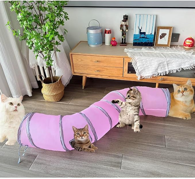 2-Way Collapsible Cat Tunnel Tube Toy Pink — Interactive Play Tunnel with Peek Hole for Indoor Cats, Kittens, Puppies & Rabbits | Hours of Fun & Exercise