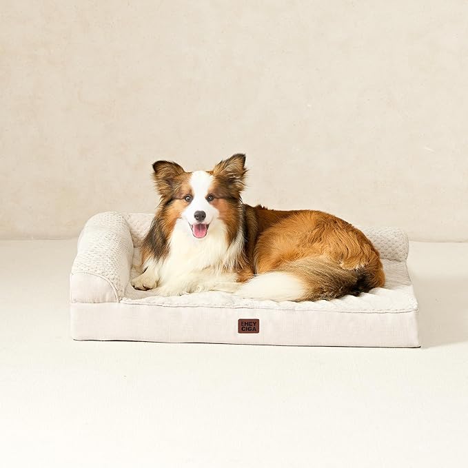 EHEYCIGA Large Dog Bed Memory Foam for Crate, Orthopedic Dog Bed Large Size Dogs with Washable Removable Cover, Waterproof Pet Sofa Couch with Nonskid Bottom, 35x22x6, Beige