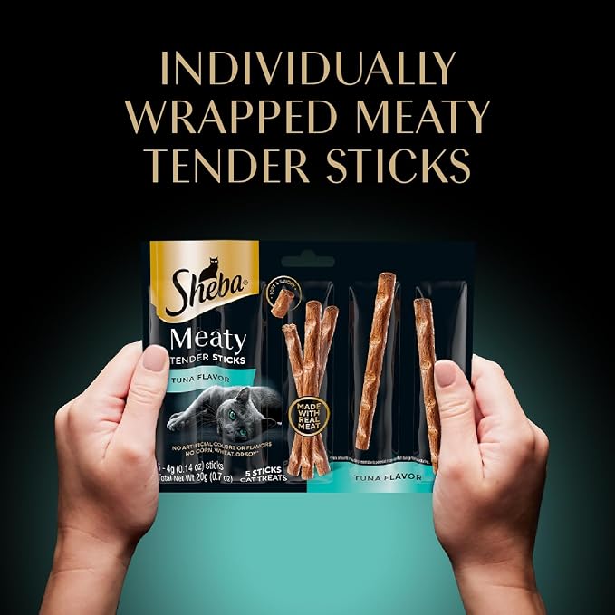 Sheba Meaty Tender Sticks Chicken Cat Treats, Tuna Flavor, Cat Snacks, 0.14 oz., 5 Count, Pack of 10 (50 Sticks Total)